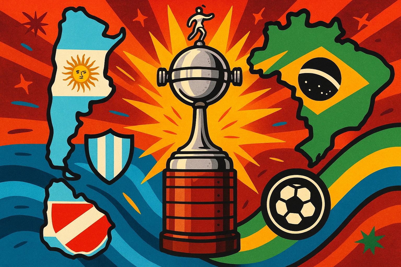 Imagem de rascunho automático mostrando taça da Libertadores cercada por mapas e símbolos de Argentina, Brasil e Uruguai