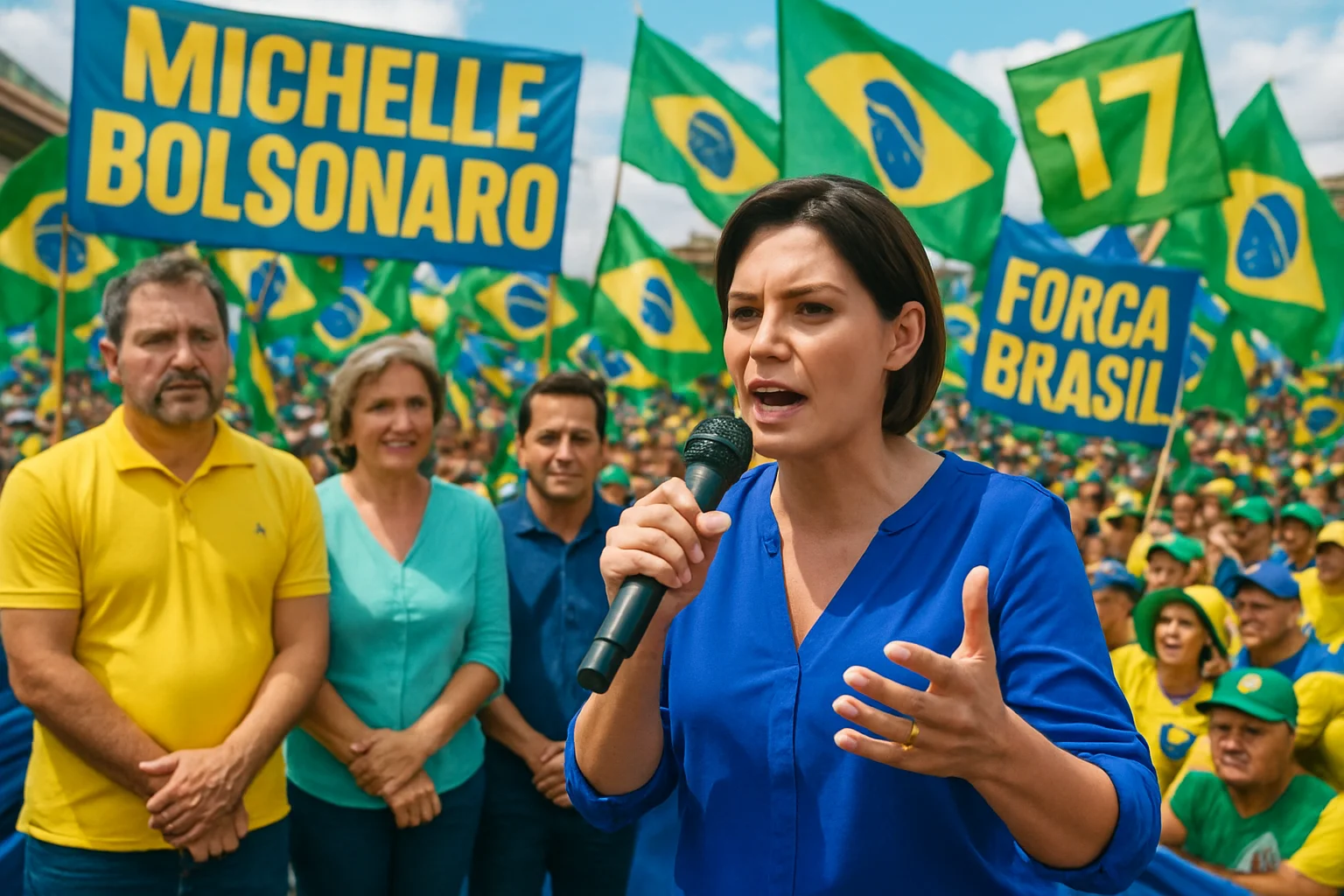 Cena do comício ao ar livre em Fortaleza, com Michelle Bolsonaro falando e apoiadores ao fundo, destaque para 9 reações filhos Jair Bolsonaro
