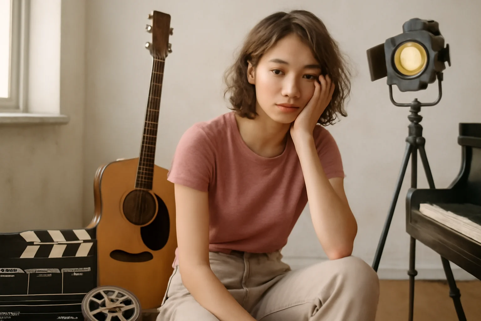 Jovem artista em estúdio com instrumentos musicais e objetos de cinema, representando filhos de famosos