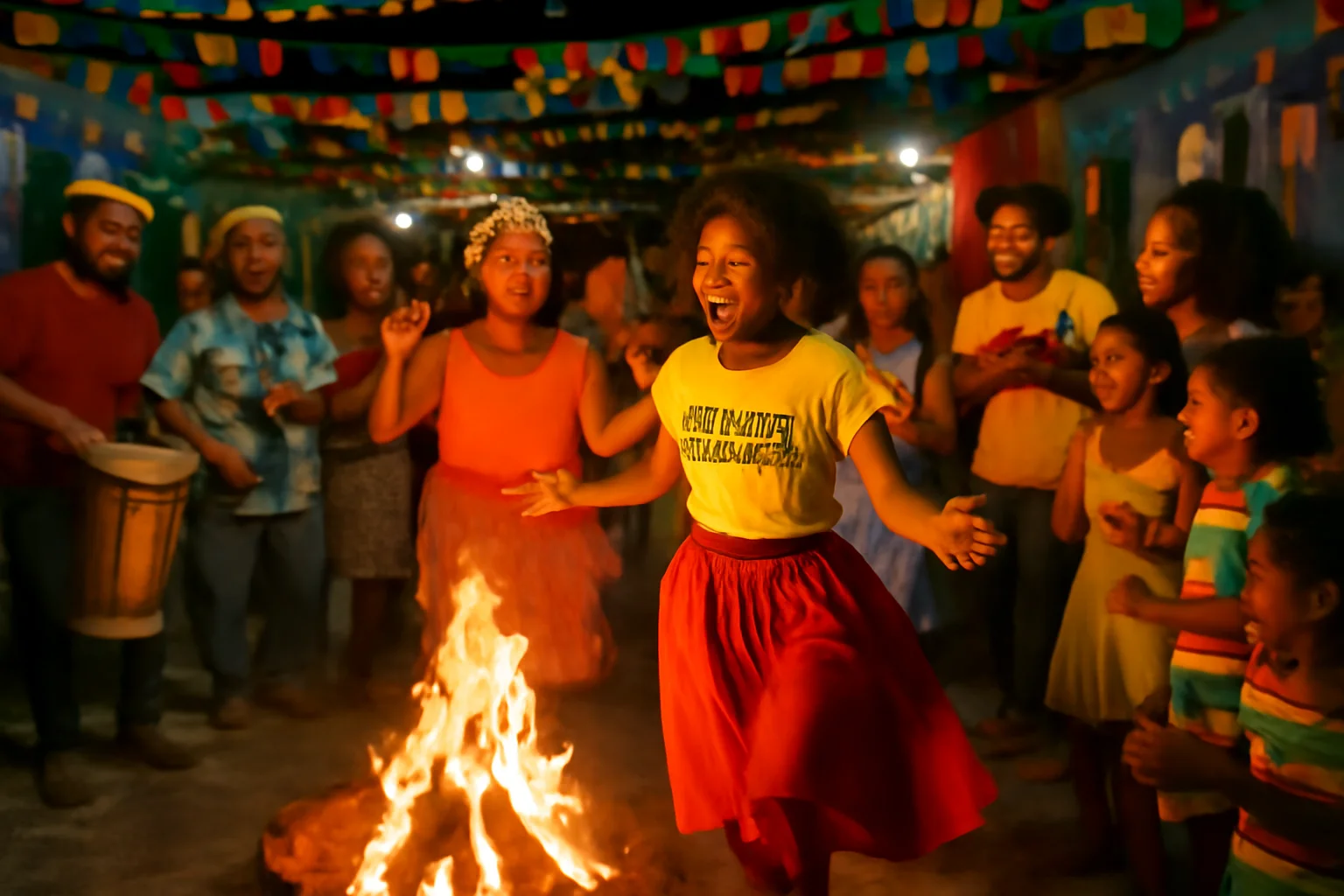 Cena de Feira de Santana com moradores celebrando ao ar livre, dançando ao redor da fogueira, com elementos culturais tradicionais