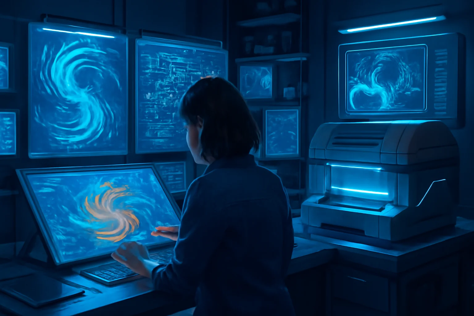 Cena de um estúdio futurista com artista visual diante de telas holográficas e tecnologia avançada, ilustrando 9 maneiras inéditas que a IA transforma a criação artística.