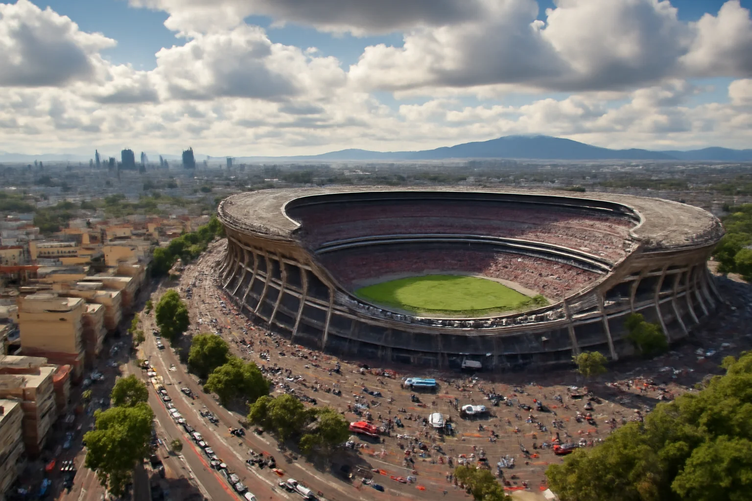 Rascunho automático de uma vista panorâmica das cidades na América do Norte com Estádio Azteca ao fundo