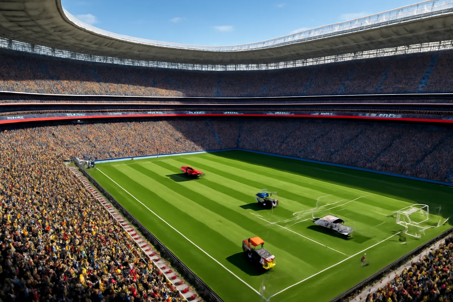 Imagem rascunho automático de estádio na América do Norte, torcedores, gramado em preparação, clima vibrante