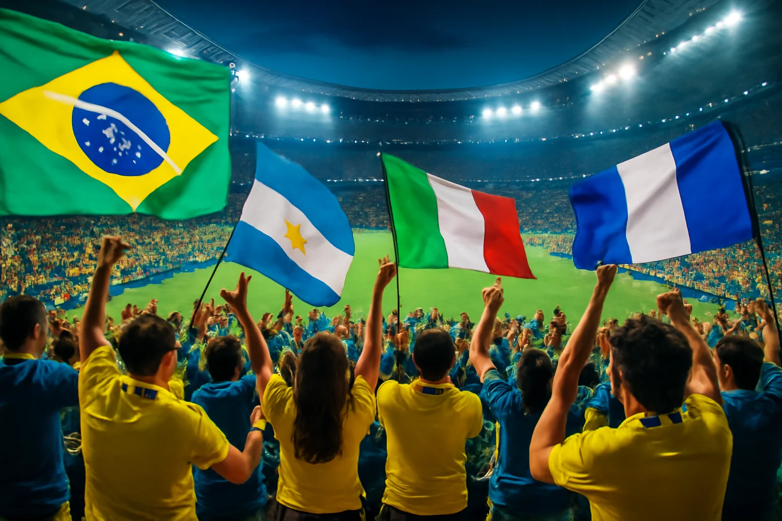 Imagem de rascunho automático mostrando torcida animada em estádio com bandeiras e cores vivas